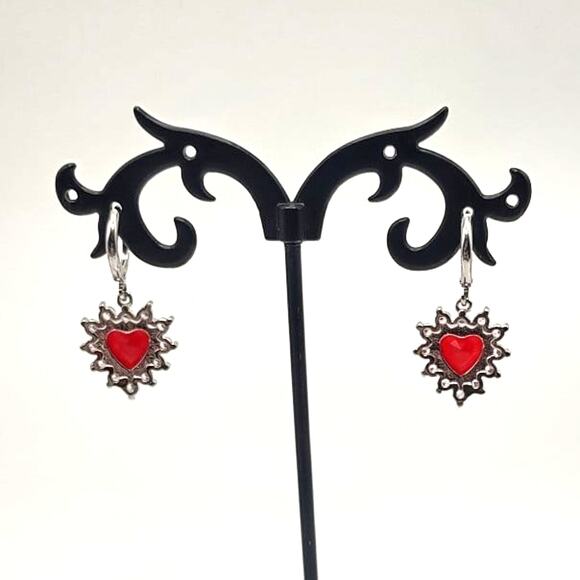 925 Sterling Silver Heart Earrings w/ Synthetic Ruby & Diamonds Valentines Gift - Picture 4 of 6